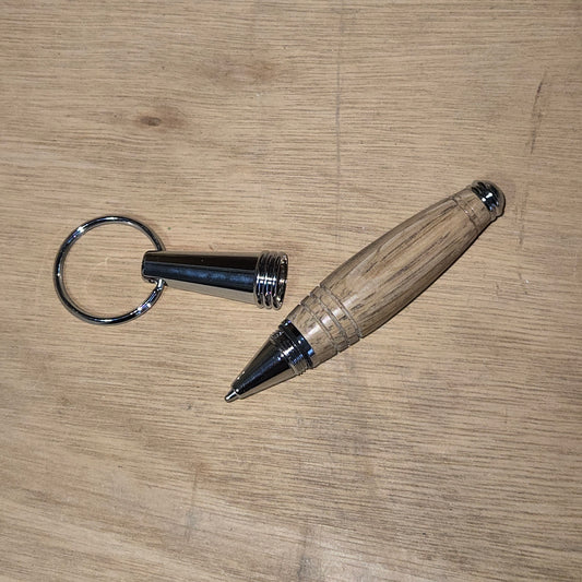 Premium Keyring Pen in chrome and oak with cap off